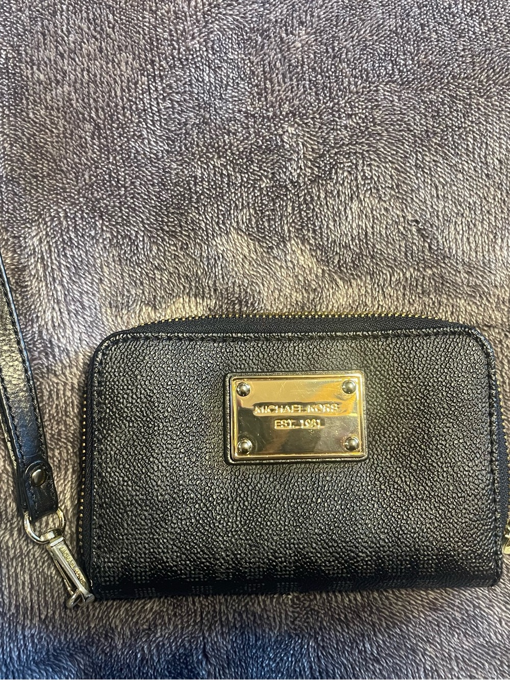 Michael Kors Black Leather Zip Wristlet Wallet with Gold Plaque